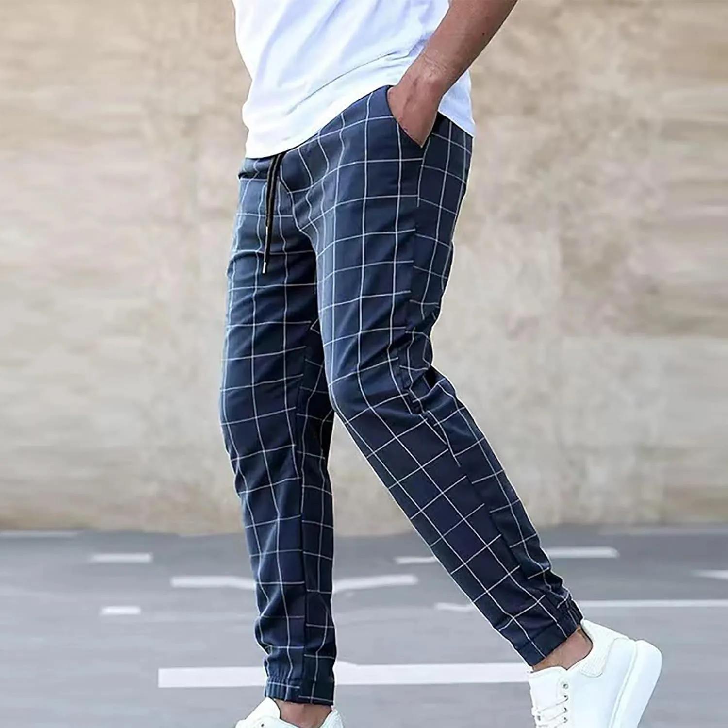 Mens Plaid Pants Elastic Waist Casual Stretch Joggers Loose Fit Athletic Fitness Carrot Pants with Pockets