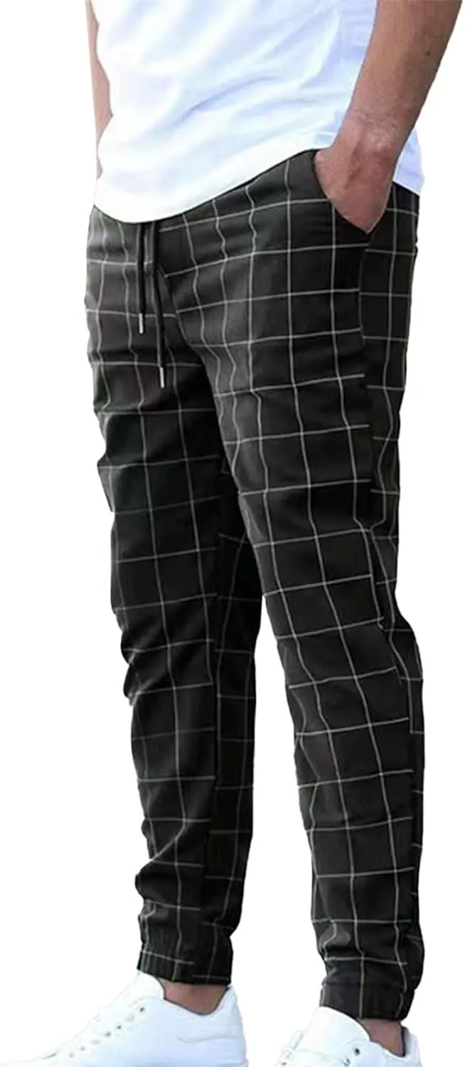 Mens Plaid Pants Elastic Waist Casual Stretch Joggers Loose Fit Athletic Fitness Carrot Pants with Pockets