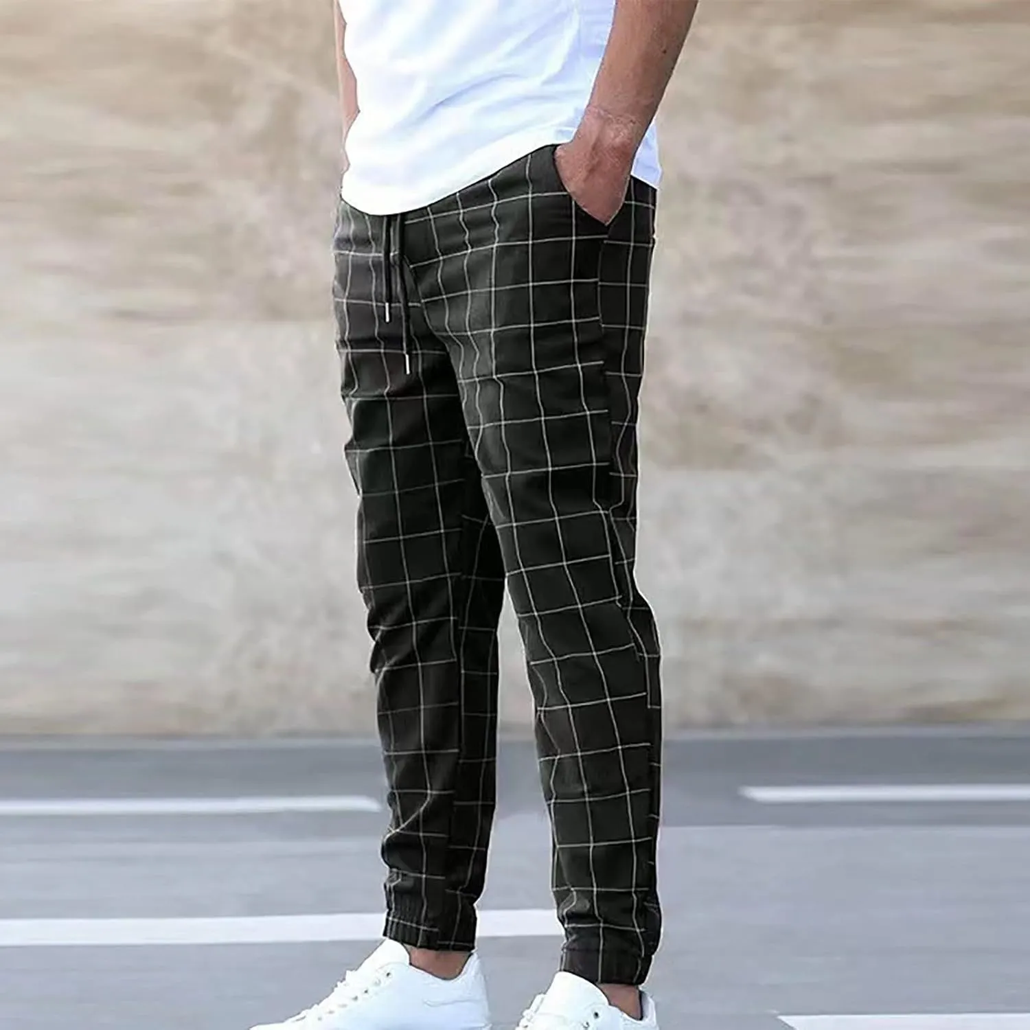 Mens Plaid Pants Elastic Waist Casual Stretch Joggers Loose Fit Athletic Fitness Carrot Pants with Pockets