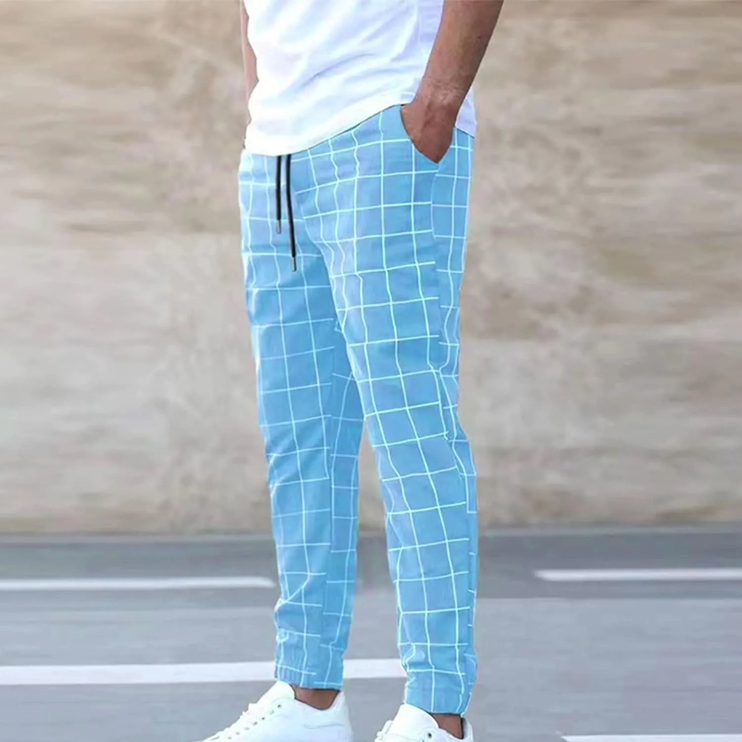 Mens Plaid Pants Elastic Waist Casual Stretch Joggers Loose Fit Athletic Fitness Carrot Pants with Pockets