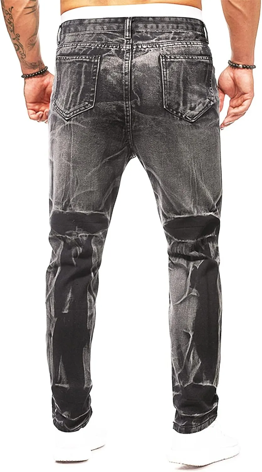 Men's Regular Fit Straight Hole Buckle Zipper Middle Waist Denim Long Pants Trousers Pants Wide Leg Trousers Pants