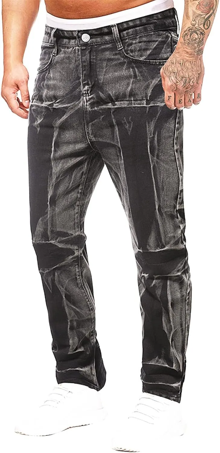 Men's Regular Fit Straight Hole Buckle Zipper Middle Waist Denim Long Pants Trousers Pants Wide Leg Trousers Pants