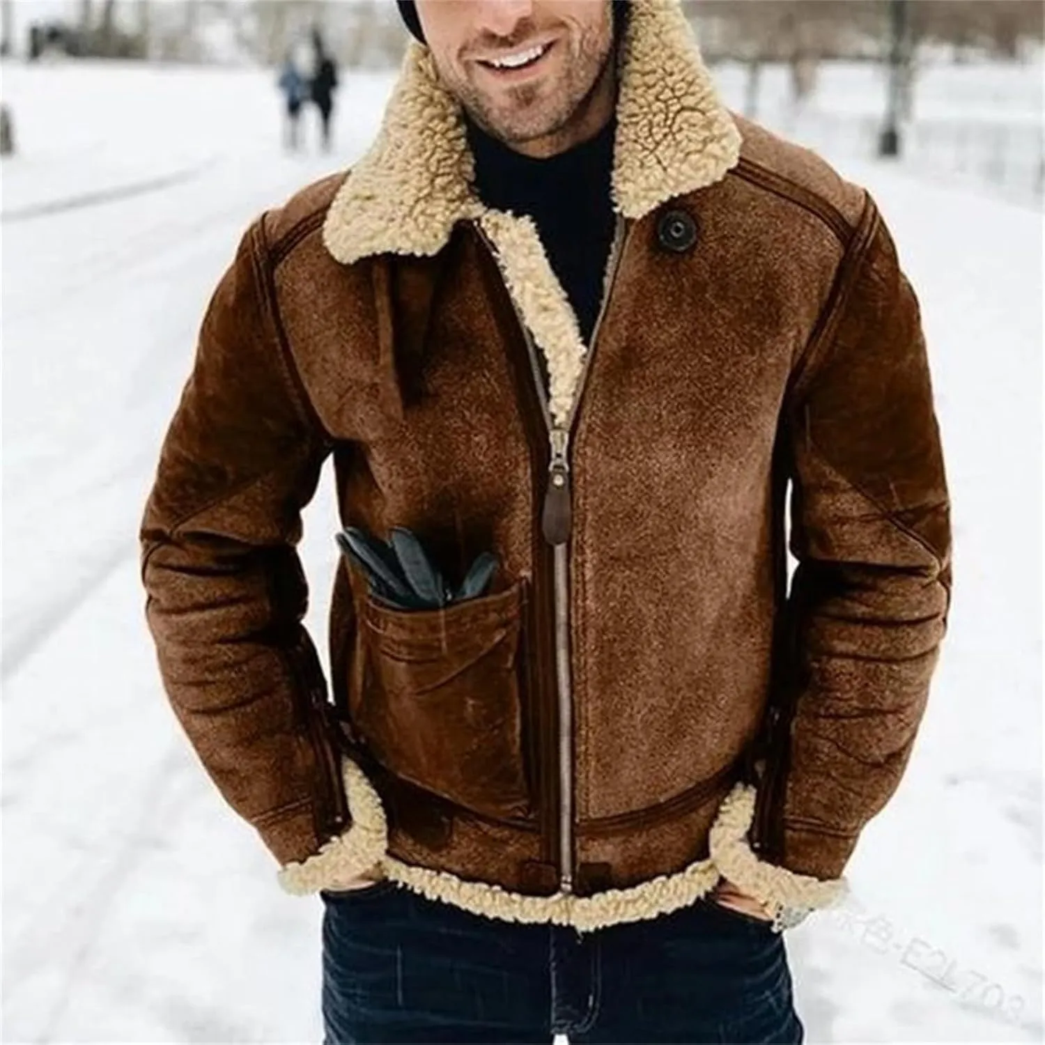 Mens Shearling Leather Coat Faux Suede Sherpa Wool Lined Stand Lapel Warm Thicken Sheepskin Jacket Outwear with Pockets