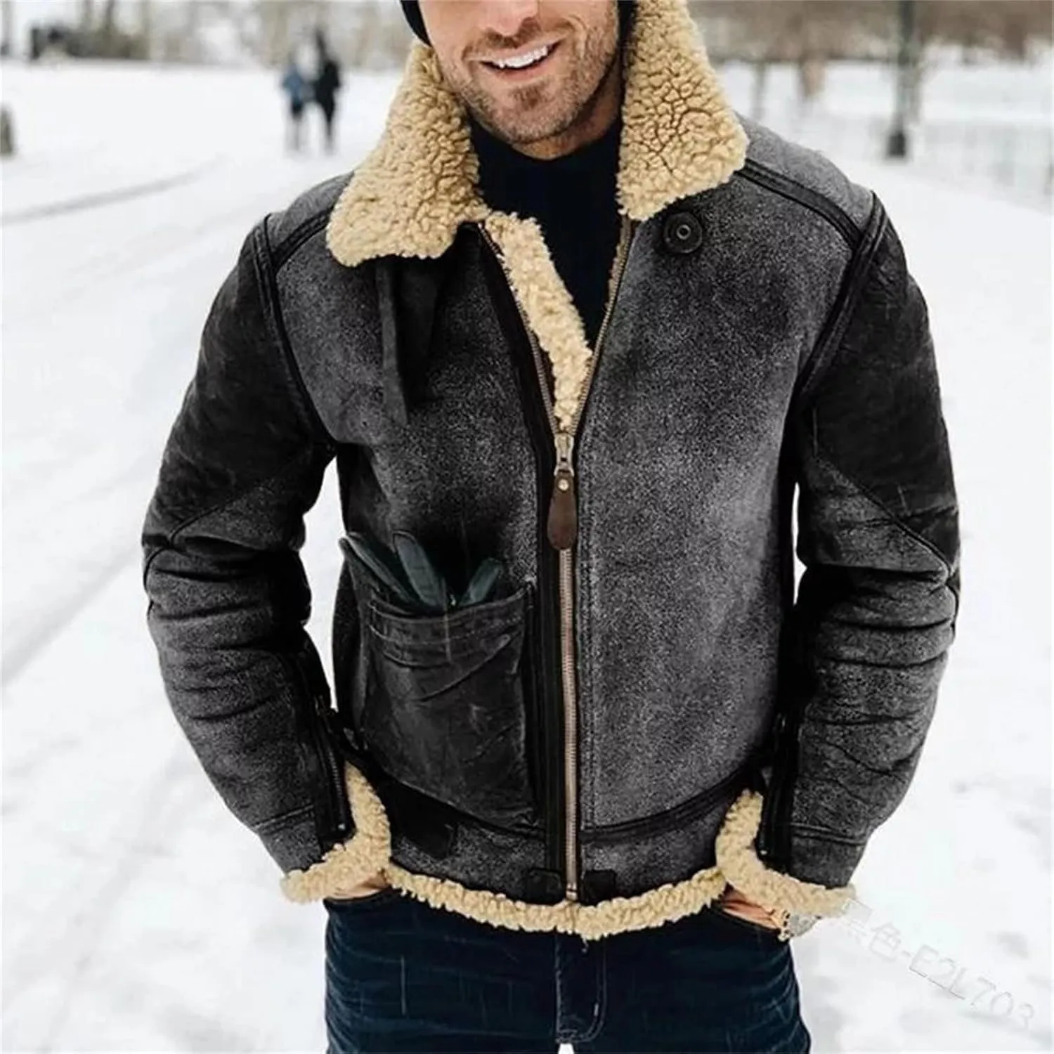 Mens Shearling Leather Coat Faux Suede Sherpa Wool Lined Stand Lapel Warm Thicken Sheepskin Jacket Outwear with Pockets