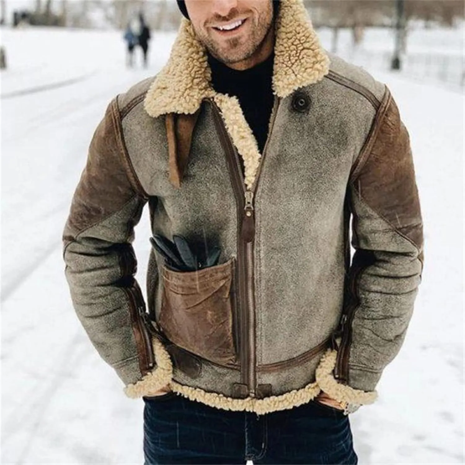 Mens Shearling Leather Coat Faux Suede Sherpa Wool Lined Stand Lapel Warm Thicken Sheepskin Jacket Outwear with Pockets