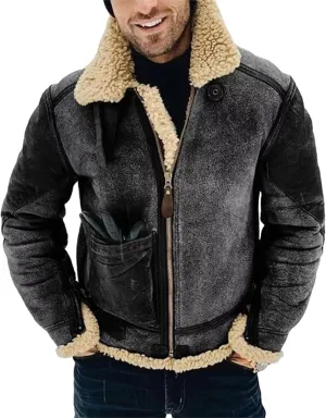 Mens Shearling Leather Coat Faux Suede Sherpa Wool Lined Stand Lapel Warm Thicken Sheepskin Jacket Outwear with Pockets