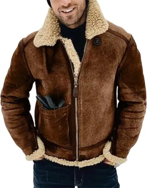 Mens Shearling Leather Coat Faux Suede Sherpa Wool Lined Stand Lapel Warm Thicken Sheepskin Jacket Outwear with Pockets