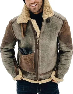 Mens Shearling Leather Coat Faux Suede Sherpa Wool Lined Stand Lapel Warm Thicken Sheepskin Jacket Outwear with Pockets