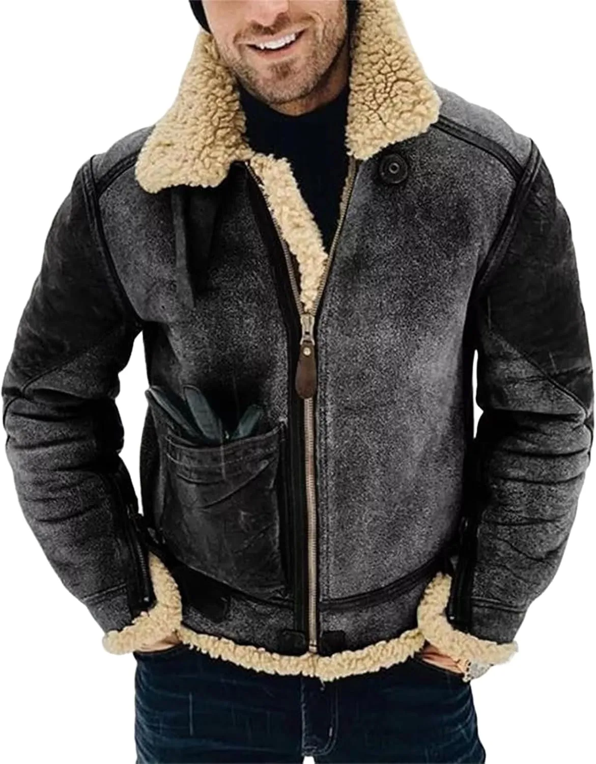 Mens Shearling Leather Coat Faux Suede Sherpa Wool Lined Stand Lapel Warm Thicken Sheepskin Jacket Outwear with Pockets