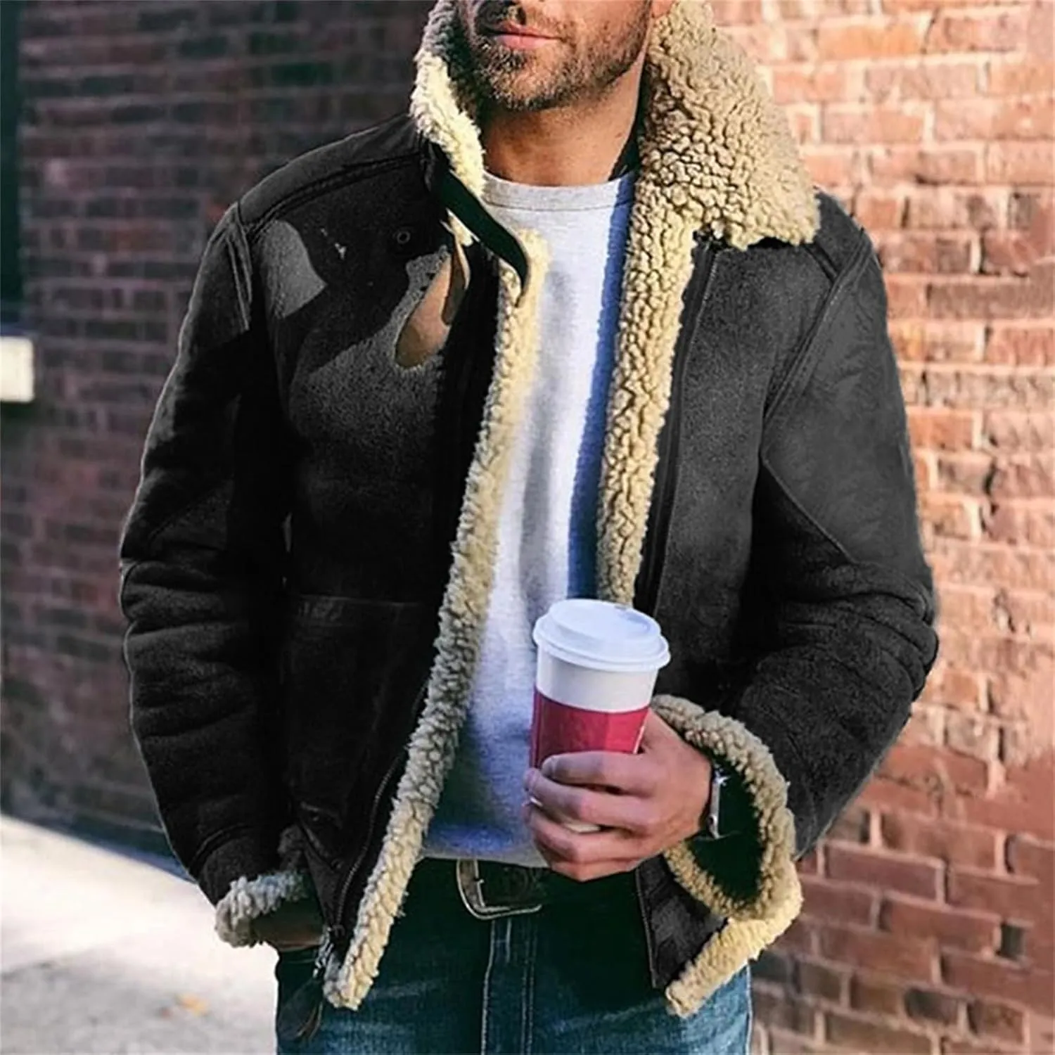 Mens Sherpa Lined Faux Suede Bomber Jacket with Lamb Wool Sheepskin Winter Coat Heavyweight Fur Collar Coats