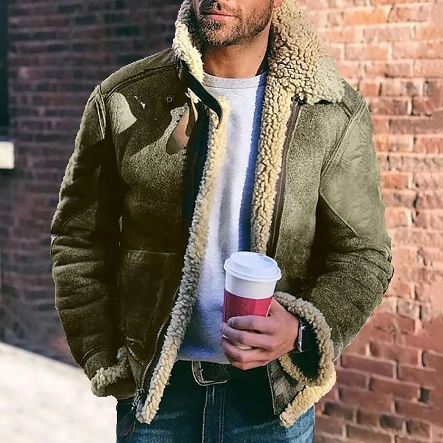 Mens Sherpa Lined Faux Suede Bomber Jacket with Lamb Wool Sheepskin Winter Coat Heavyweight Fur Collar Coats