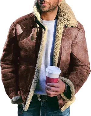 Mens Sherpa Lined Faux Suede Bomber Jacket with Lamb Wool Sheepskin Winter Coat Heavyweight Fur Collar Coats