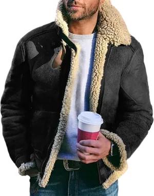 Mens Sherpa Lined Faux Suede Bomber Jacket with Lamb Wool Sheepskin Winter Coat Heavyweight Fur Collar Coats