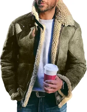Mens Sherpa Lined Faux Suede Bomber Jacket with Lamb Wool Sheepskin Winter Coat Heavyweight Fur Collar Coats