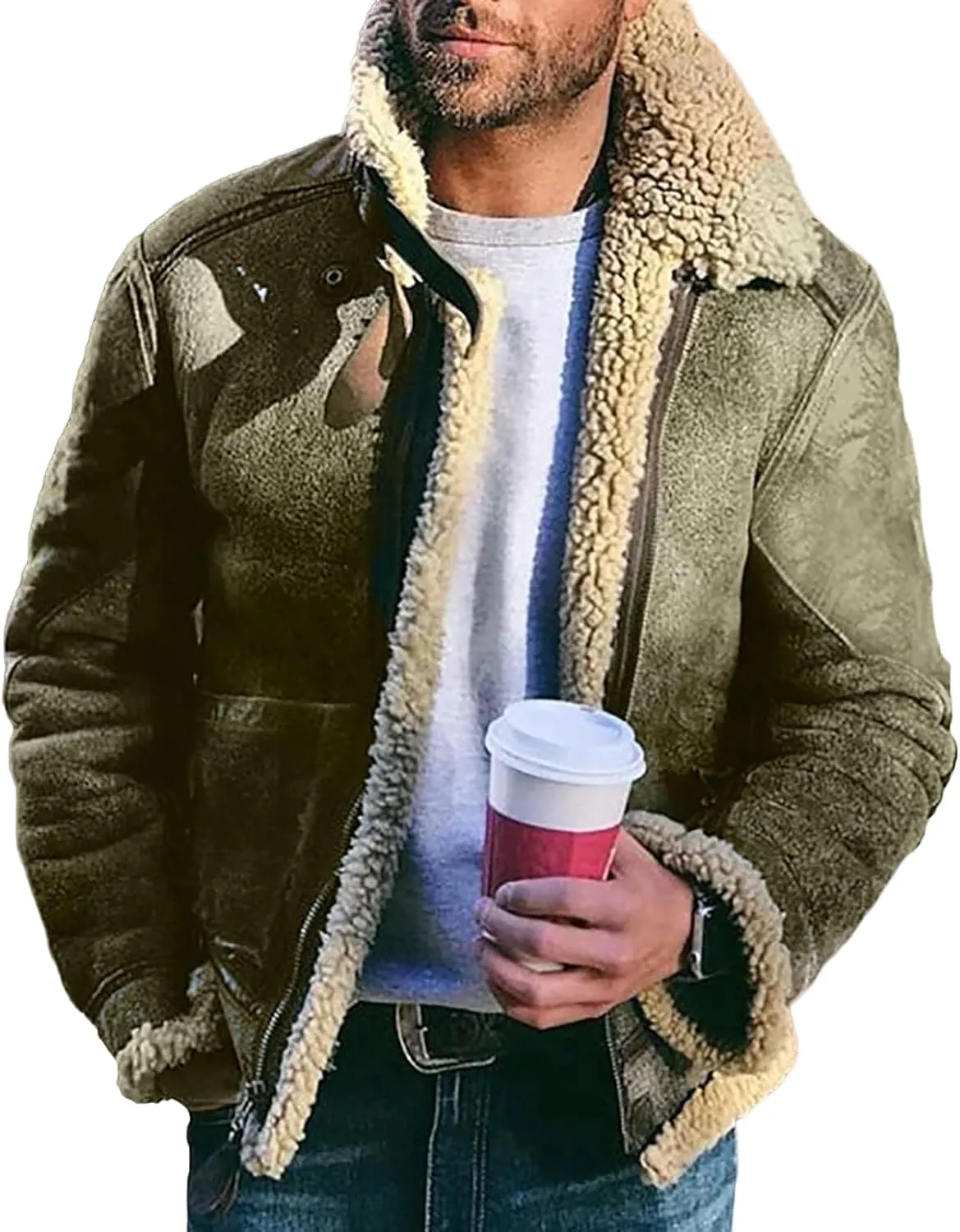 Mens Sherpa Lined Faux Suede Bomber Jacket with Lamb Wool Sheepskin Winter Coat Heavyweight Fur Collar Coats
