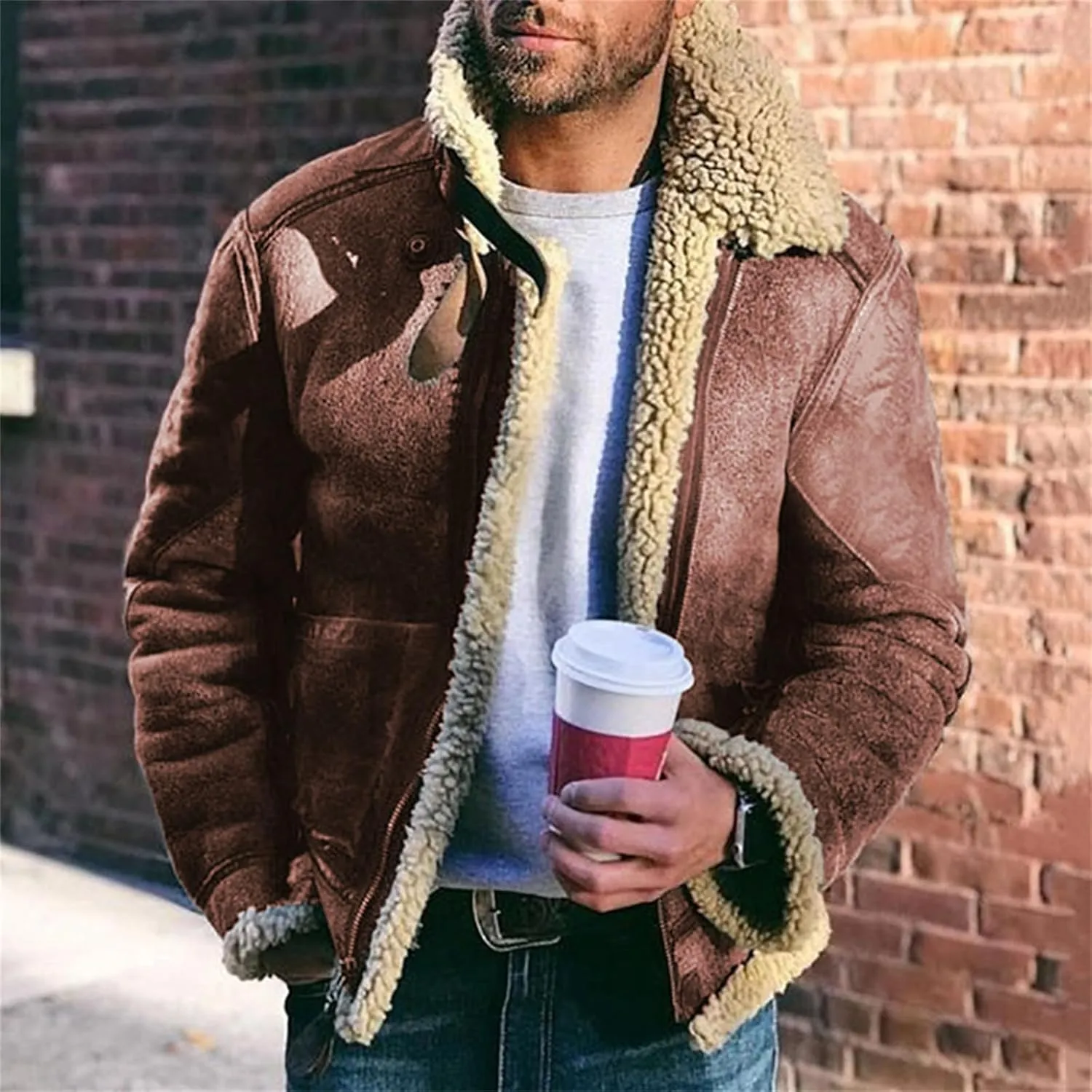 Mens Sherpa Lined Faux Suede Bomber Jacket with Lamb Wool Sheepskin Winter Coat Heavyweight Fur Collar Coats