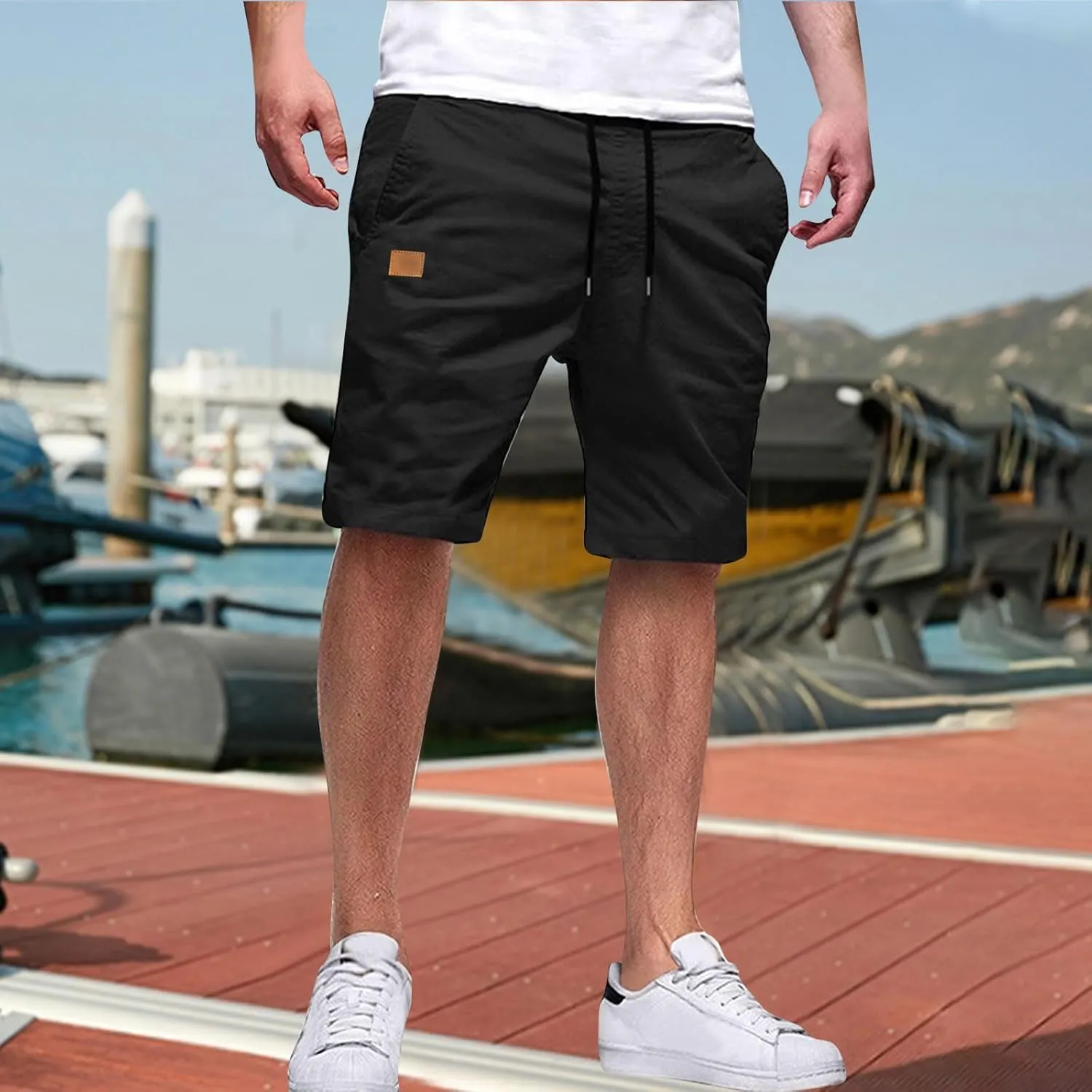 Mens Shorts Quick Dry Drawstring Exercise Elastic Waist Relaxed Shorts with Pockets