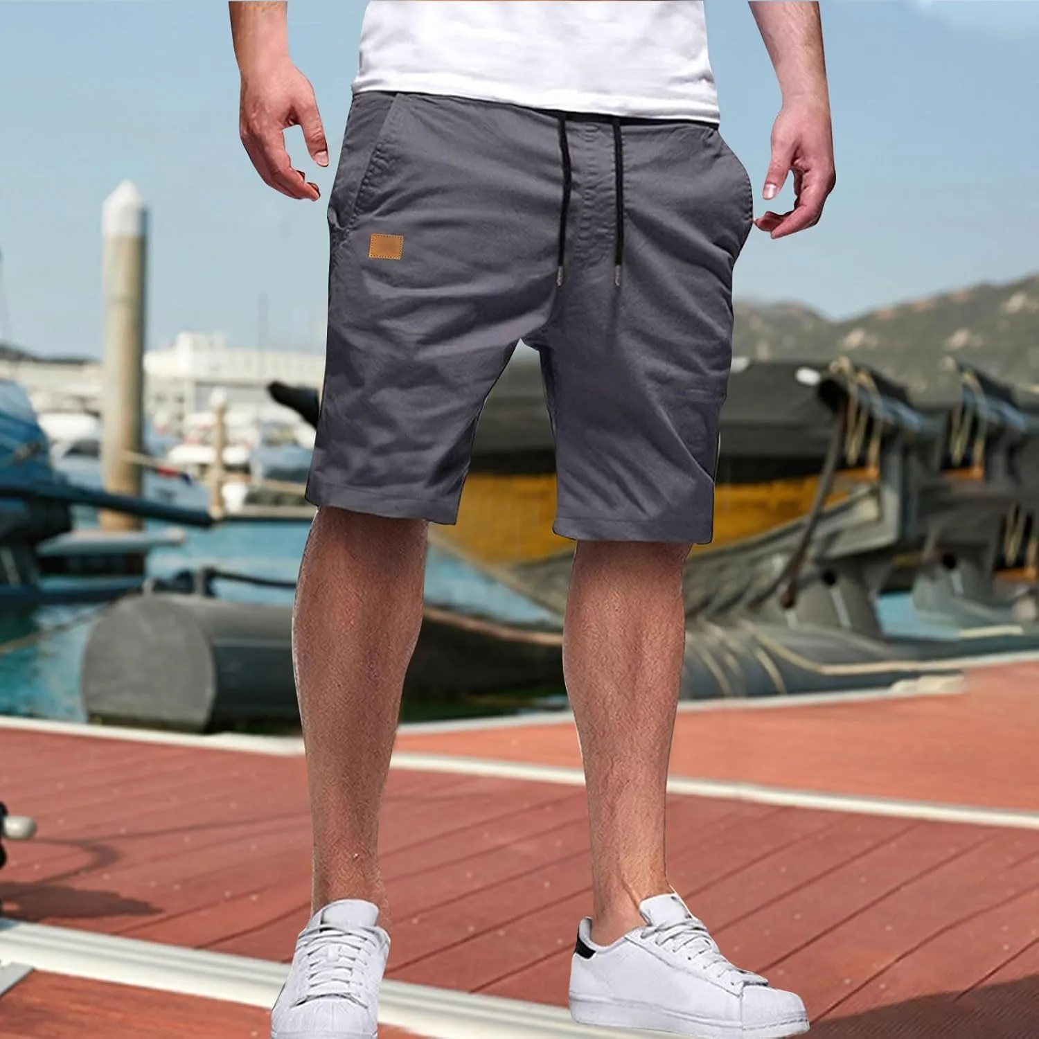Mens Shorts Quick Dry Drawstring Exercise Elastic Waist Relaxed Shorts with Pockets