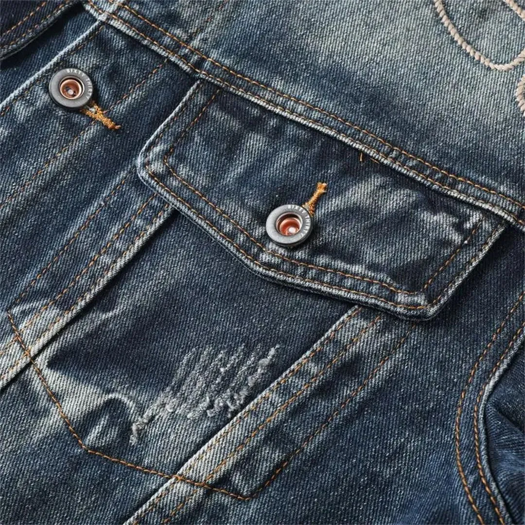 Men's Solid Lapel Denim Jackets Motorcycle Jeans Coats Fit Cotton Casual Coats