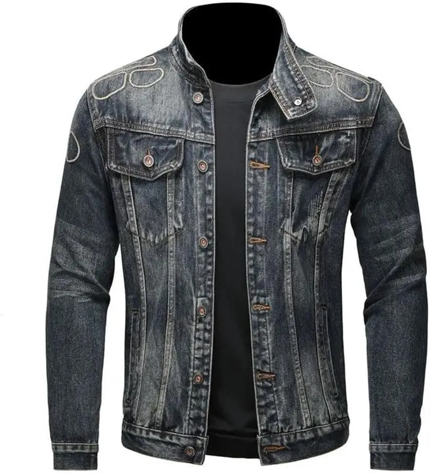 Men's Solid Lapel Denim Jackets Motorcycle Jeans Coats Fit Cotton Casual Coats