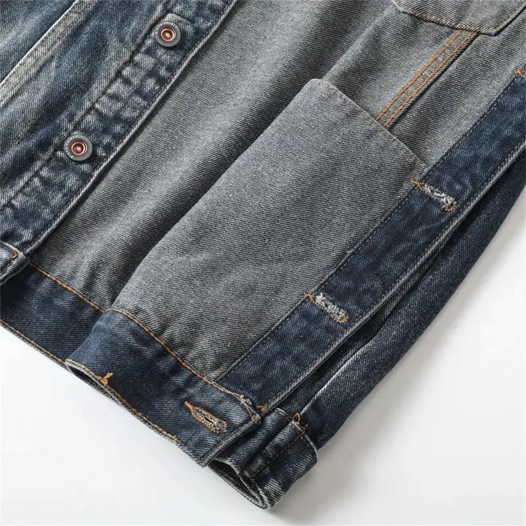 Men's Solid Lapel Denim Jackets Motorcycle Jeans Coats Fit Cotton Casual Coats