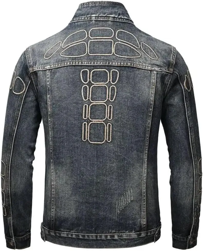 Men's Solid Lapel Denim Jackets Motorcycle Jeans Coats Fit Cotton Casual Coats