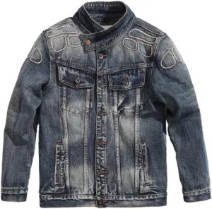 Men's Solid Lapel Denim Jackets Motorcycle Jeans Coats Fit Cotton Casual Coats