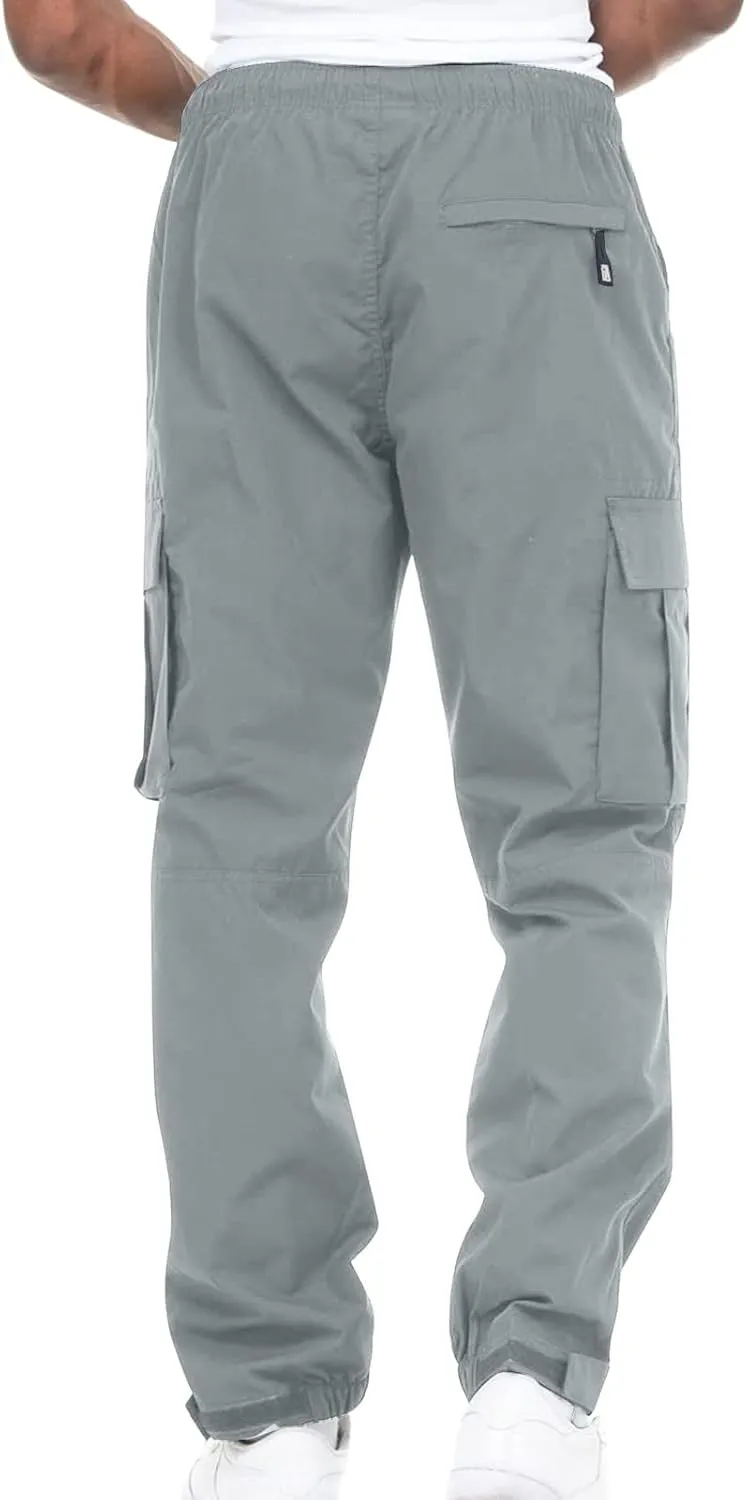 Men's Stretch Elastic Slacks Solid Color High Waist Cargo Pants with Multi Pockets Outdoor Athletic Sweatpants