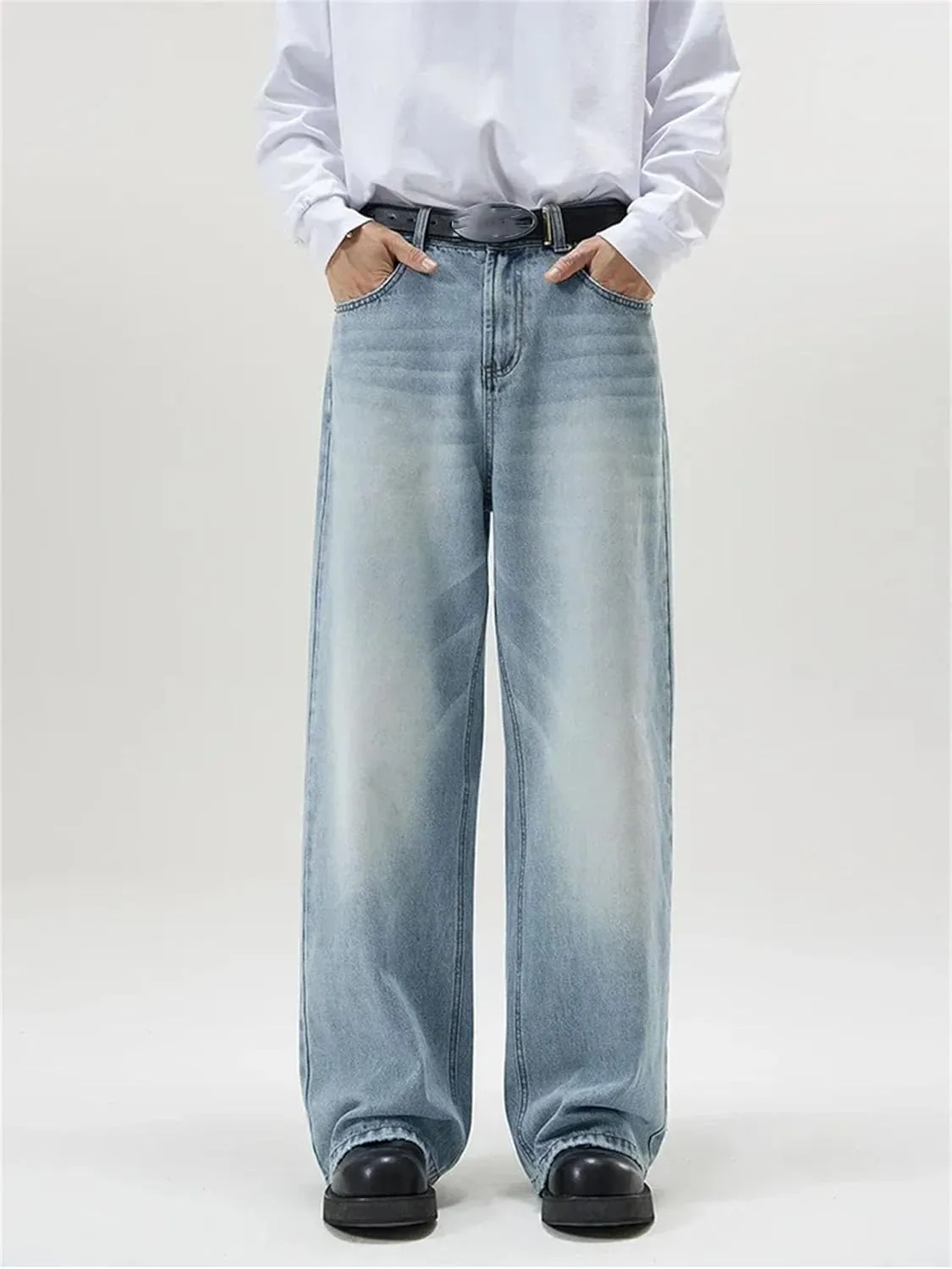 Men's Vintage Distressed Baggy Straight Jeans Fashion High Waist Jeans with Pockets