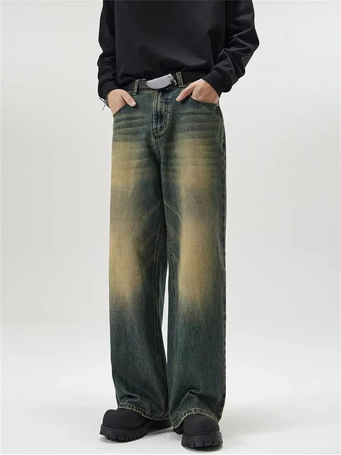 Men's Vintage Distressed Baggy Straight Jeans Fashion High Waist Jeans with Pockets