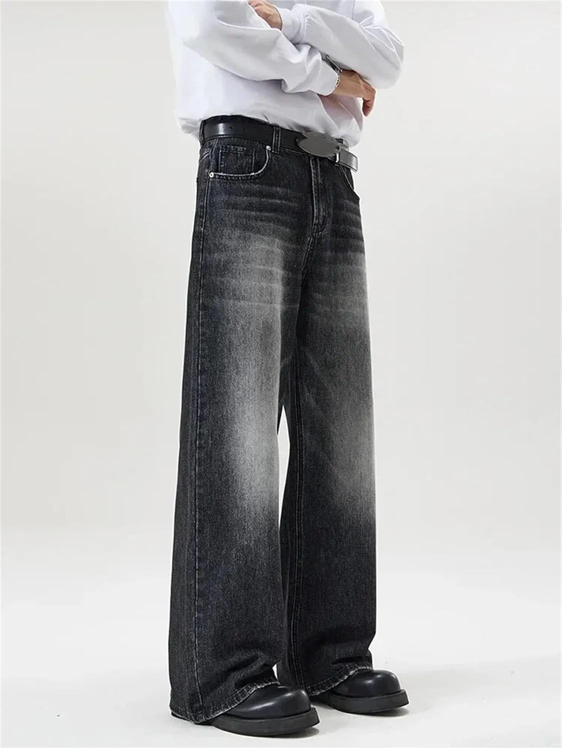 Men's Vintage Distressed Baggy Straight Jeans Fashion High Waist Jeans with Pockets