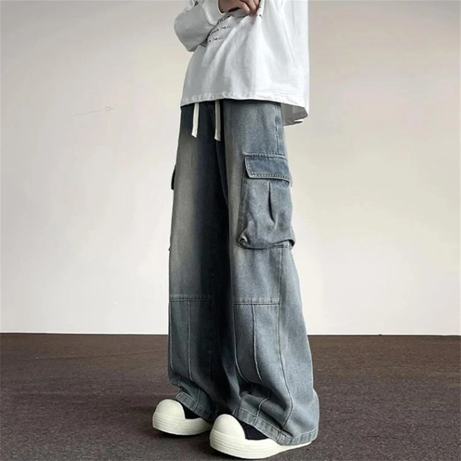 Men's Vintage High Waist Wide Leg Jeans Pants Classic Vintage Straight Jeans with Pockets