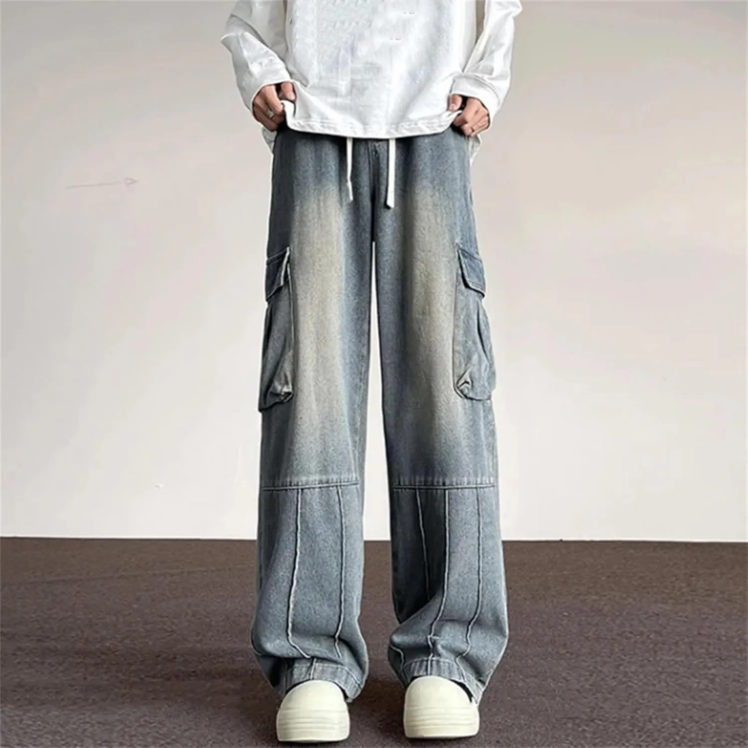 Men's Vintage High Waist Wide Leg Jeans Pants Classic Vintage Straight Jeans with Pockets