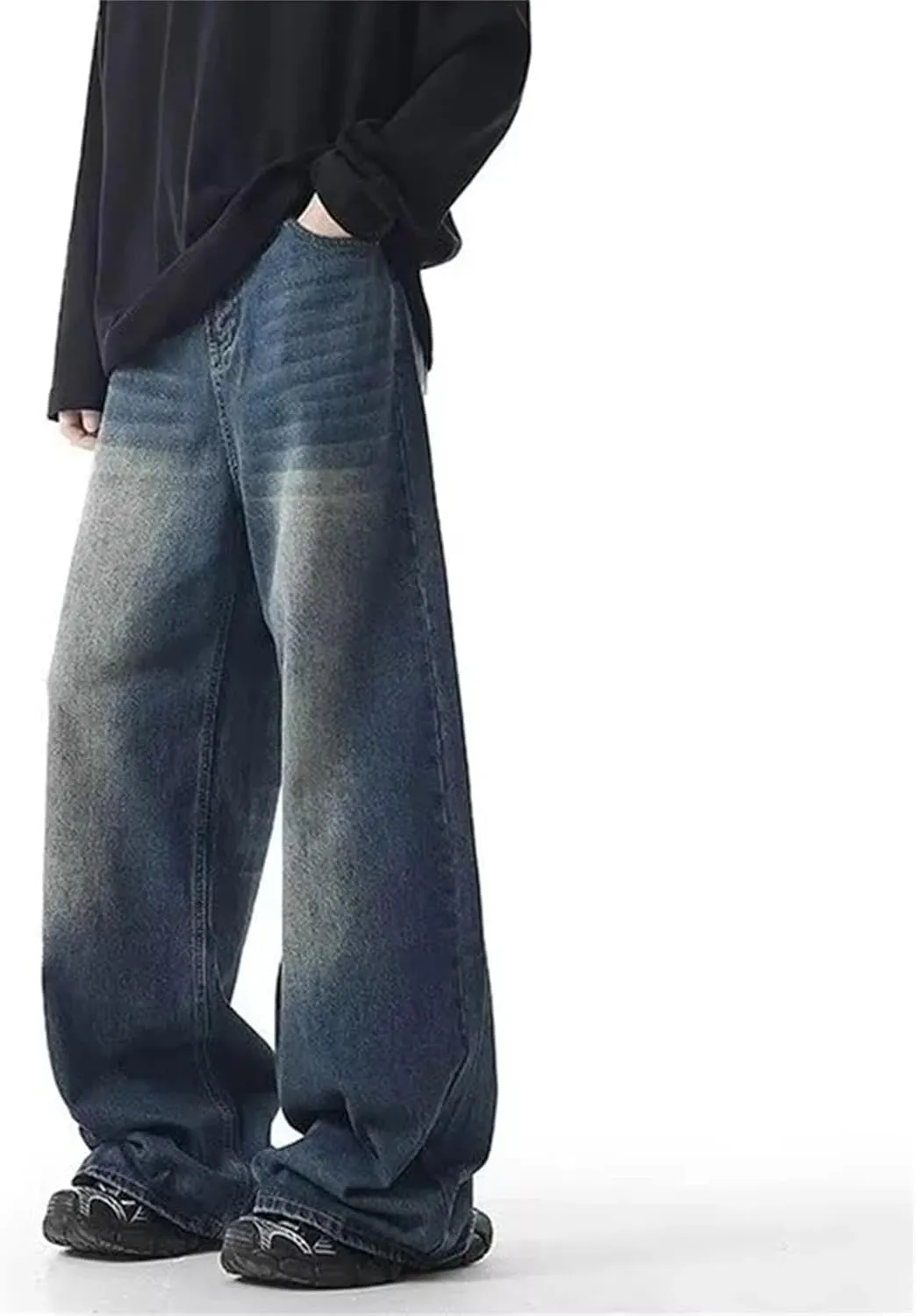 Men's Vintage Long Wide Leg Wash Jeans Fashion Casual Baggy Straight Jeans with Pockets
