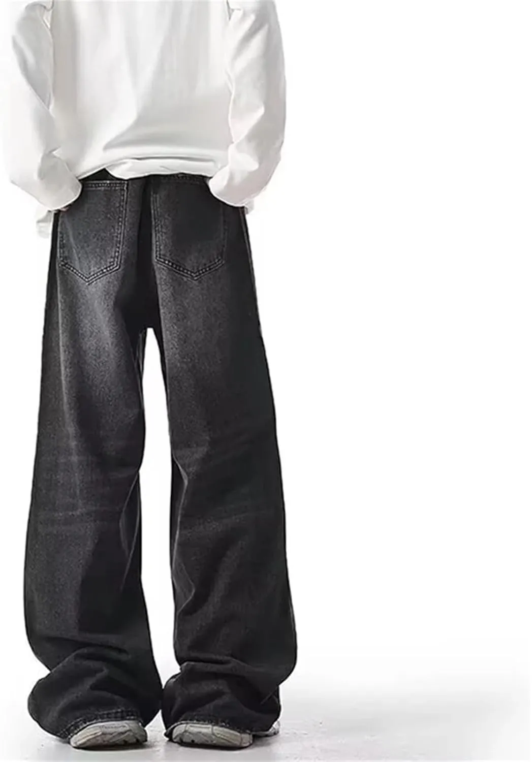 Men's Vintage Long Wide Leg Wash Jeans Fashion Casual Baggy Straight Jeans with Pockets