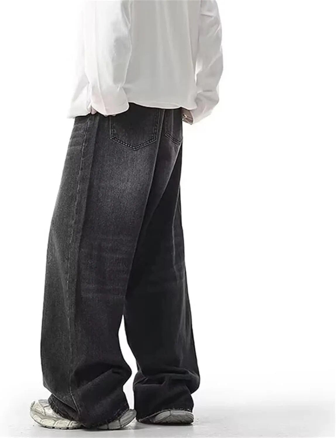 Men's Vintage Long Wide Leg Wash Jeans Fashion Casual Baggy Straight Jeans with Pockets