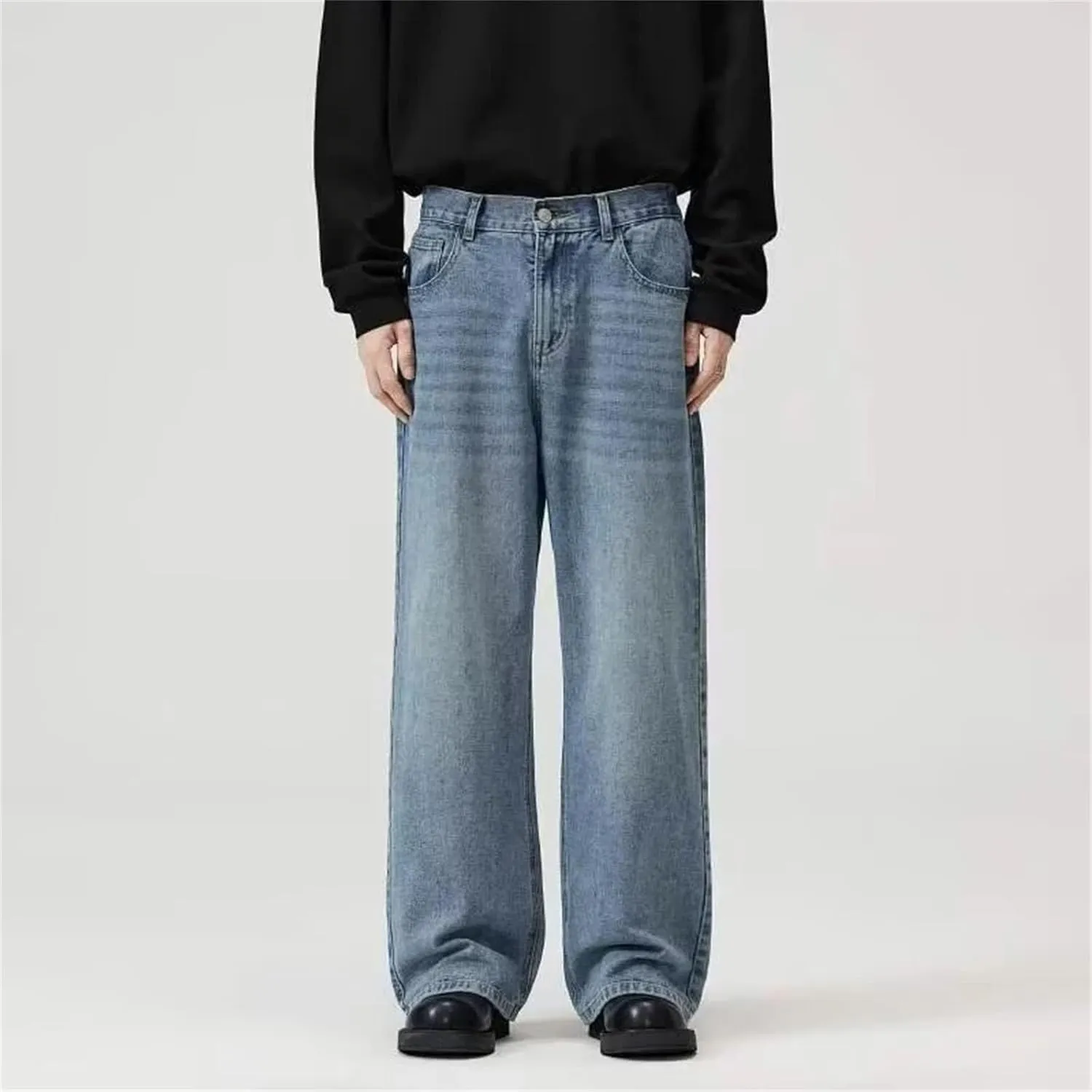 Men's Vintage Long Wide Leg Wash Jeans Fashion Casual Baggy Straight Jeans with Pockets