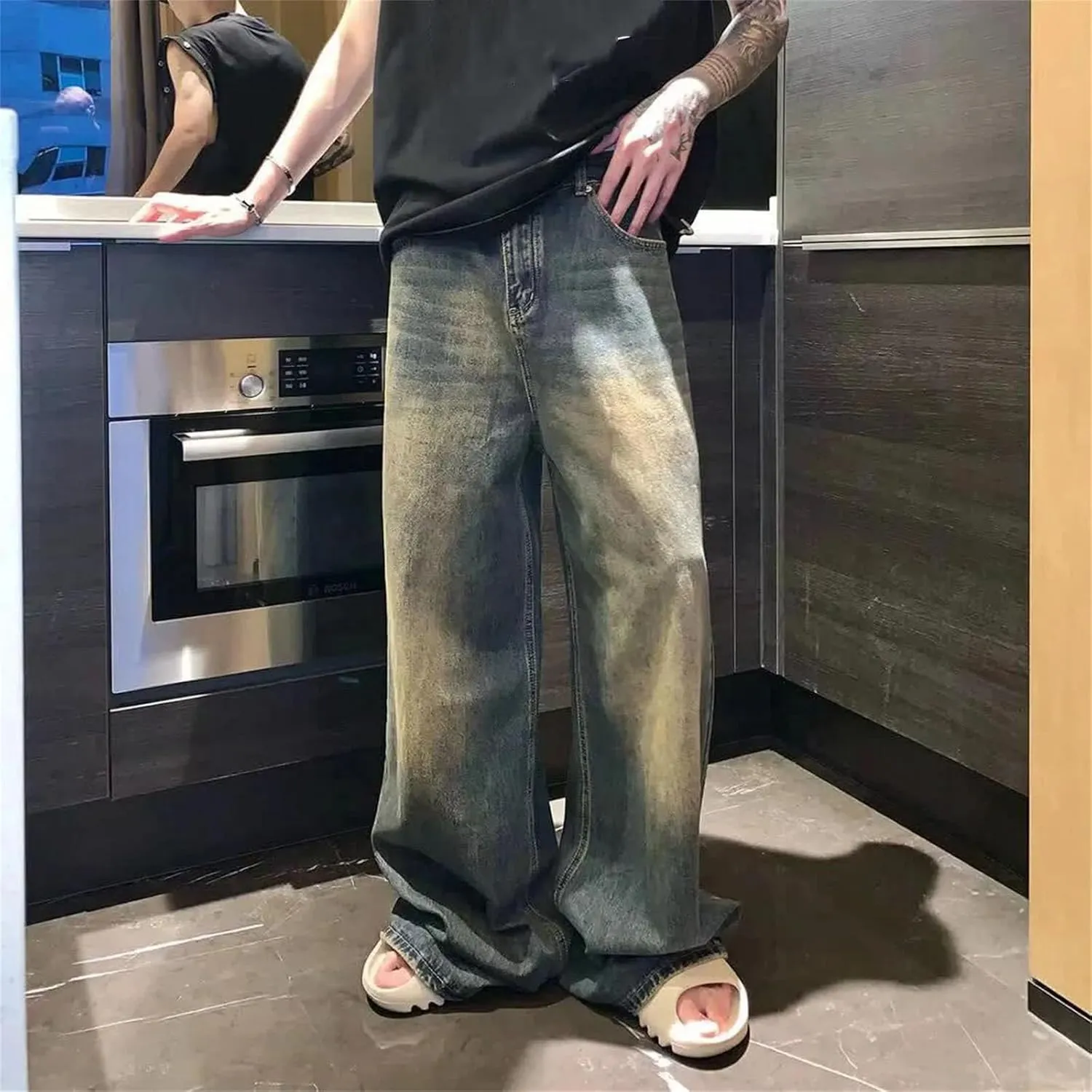 Men's Vintage Long Wide Leg Wash Jeans Fashion Casual Baggy Straight Jeans with Pockets