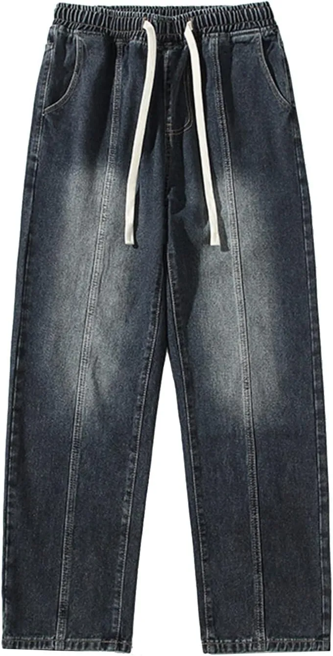 Mens Vintage Straight Denim Jeans Drawstrings Loose Fit Washed Cotton Denim Pants Casual Lightweight Outdoor Trousers