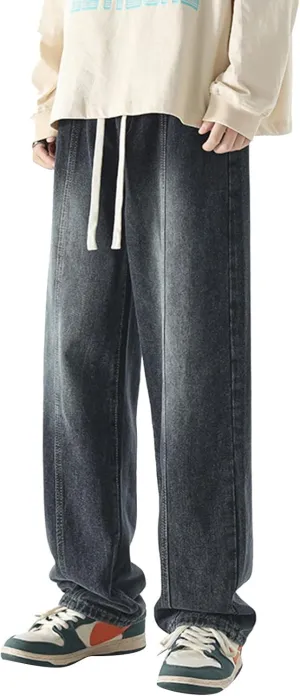Mens Vintage Straight Denim Jeans Drawstrings Loose Fit Washed Cotton Denim Pants Casual Lightweight Outdoor Trousers