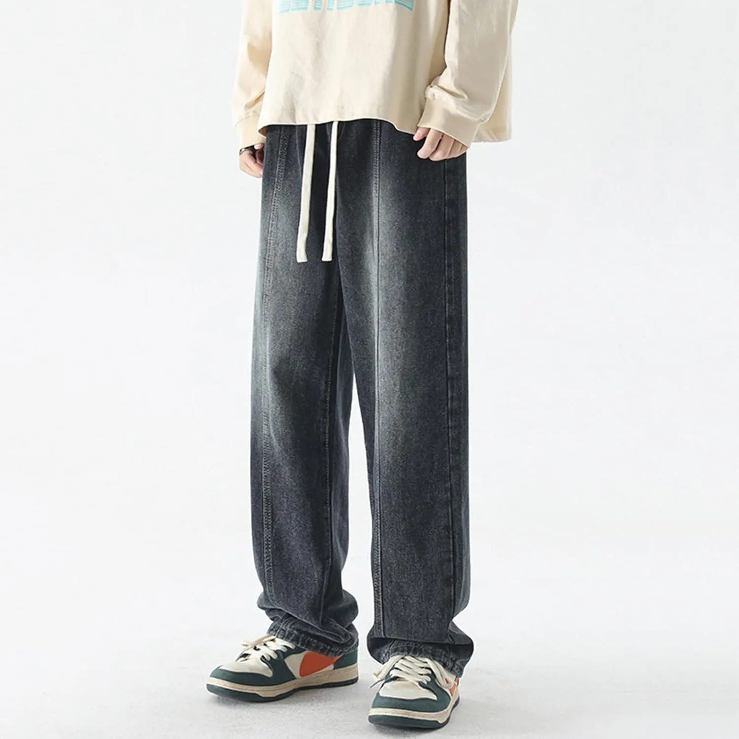 Mens Vintage Straight Denim Jeans Drawstrings Loose Fit Washed Cotton Denim Pants Casual Lightweight Outdoor Trousers