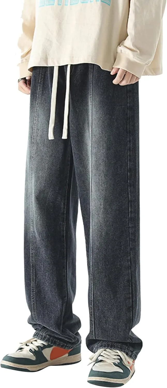 Mens Vintage Straight Denim Jeans Drawstrings Loose Fit Washed Cotton Denim Pants Casual Lightweight Outdoor Trousers