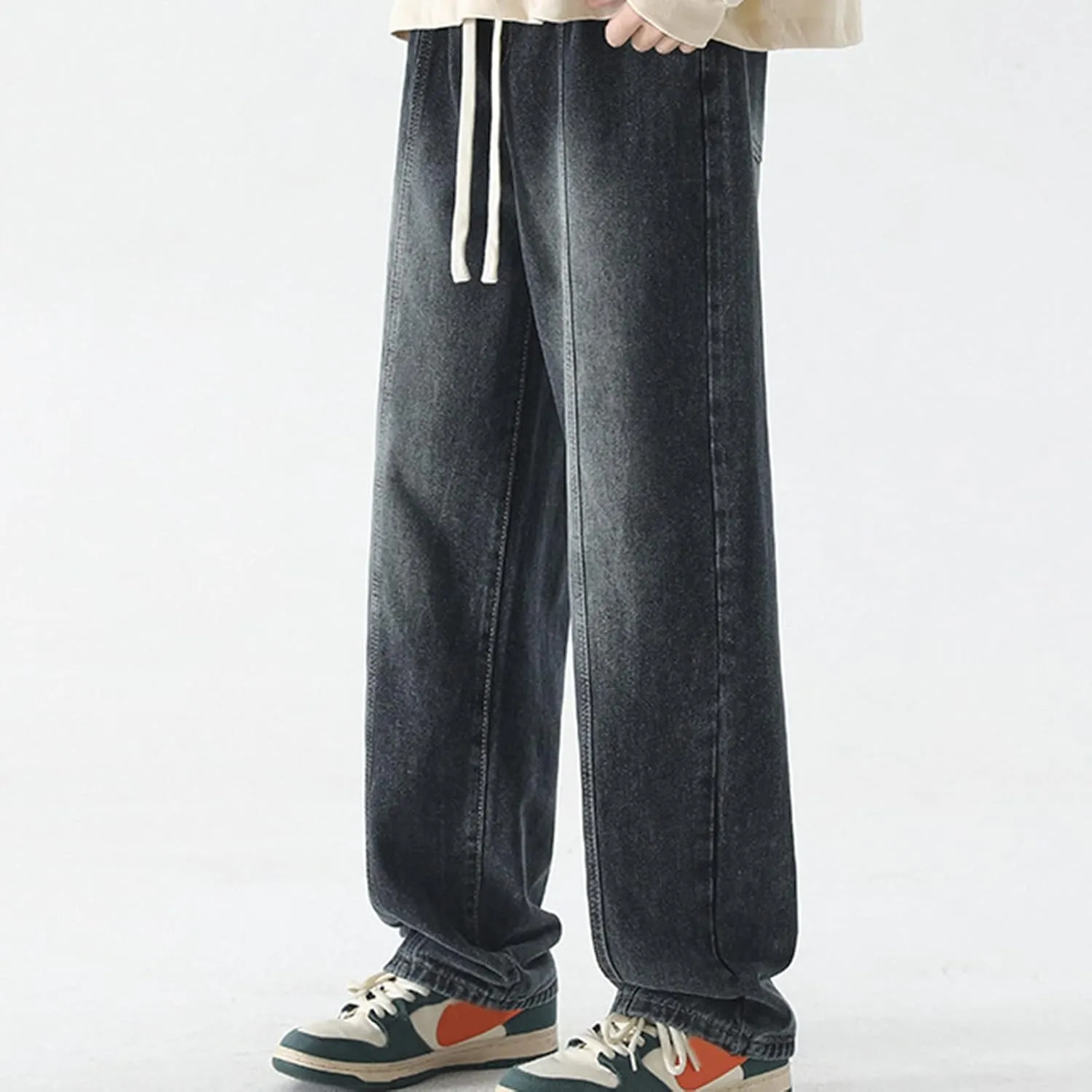 Mens Vintage Straight Denim Jeans Drawstrings Loose Fit Washed Cotton Denim Pants Casual Lightweight Outdoor Trousers