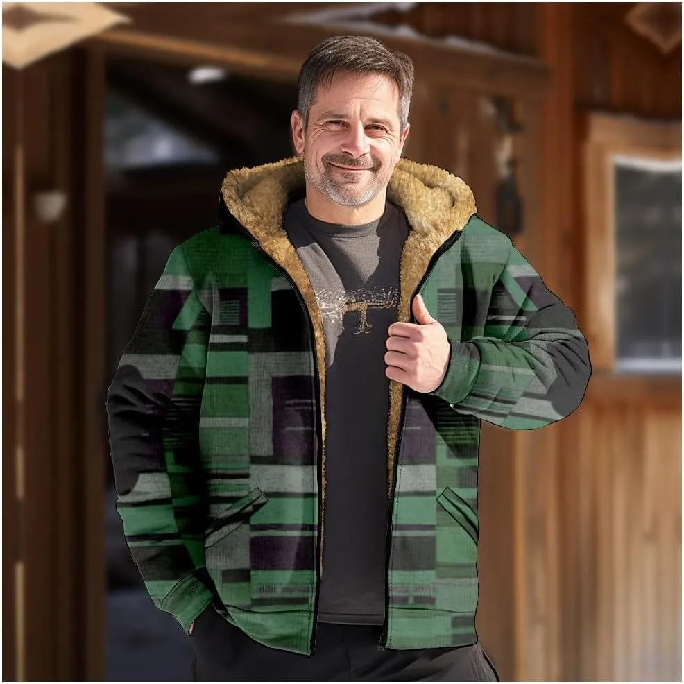Mens Winter Sherpa Hoodie Jacket Color Block Zip Up Sweatshirt Heavyweight Warm Fleece Coat with Pockets Fashion 2024