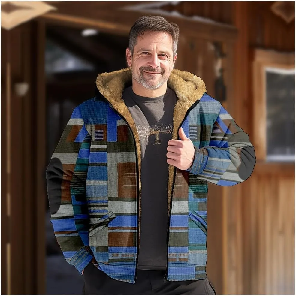 Mens Winter Sherpa Hoodie Jacket Color Block Zip Up Sweatshirt Heavyweight Warm Fleece Coat with Pockets Fashion 2024