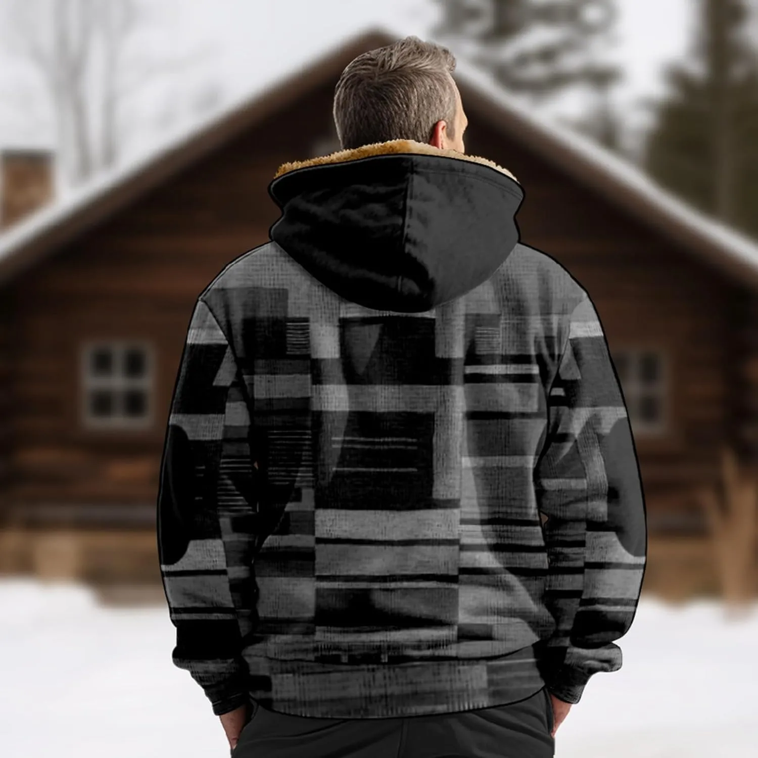 Mens Winter Sherpa Hoodie Jacket Color Block Zip Up Sweatshirt Heavyweight Warm Fleece Coat with Pockets Fashion 2024
