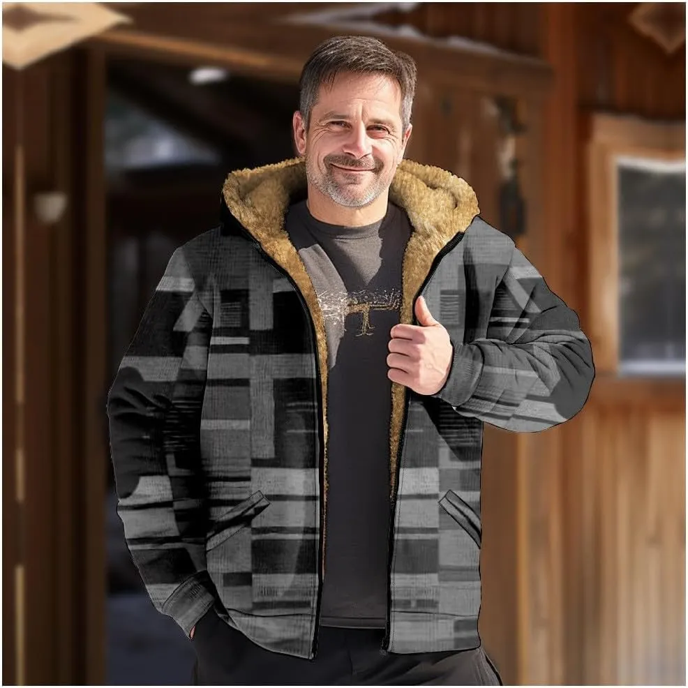 Mens Winter Sherpa Hoodie Jacket Color Block Zip Up Sweatshirt Heavyweight Warm Fleece Coat with Pockets Fashion 2024