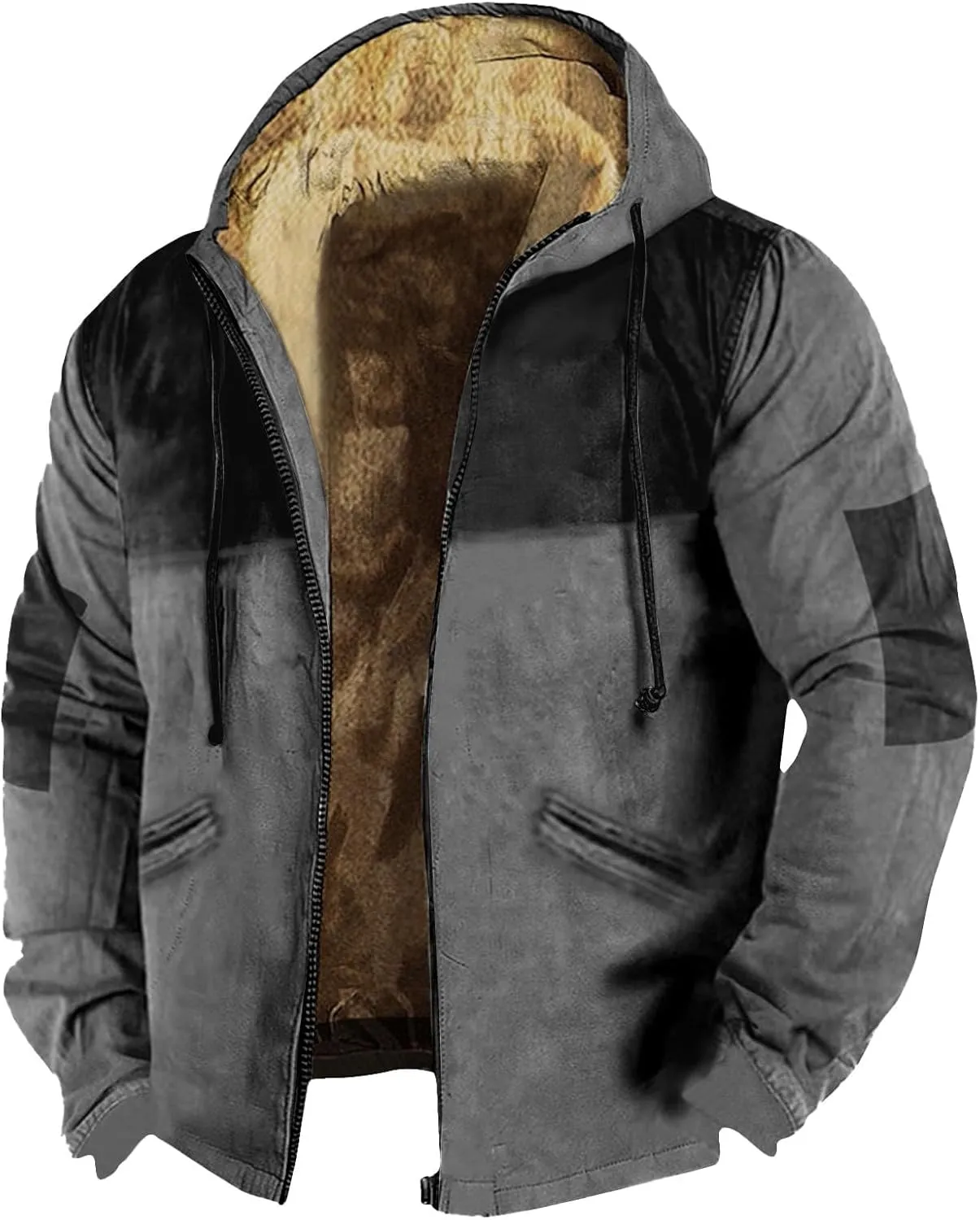 Mens Winter Sherpa Hoodie Jacket Color Block Zip Up Sweatshirt Heavyweight Warm Fleece Coat with Pockets Fashion 2024