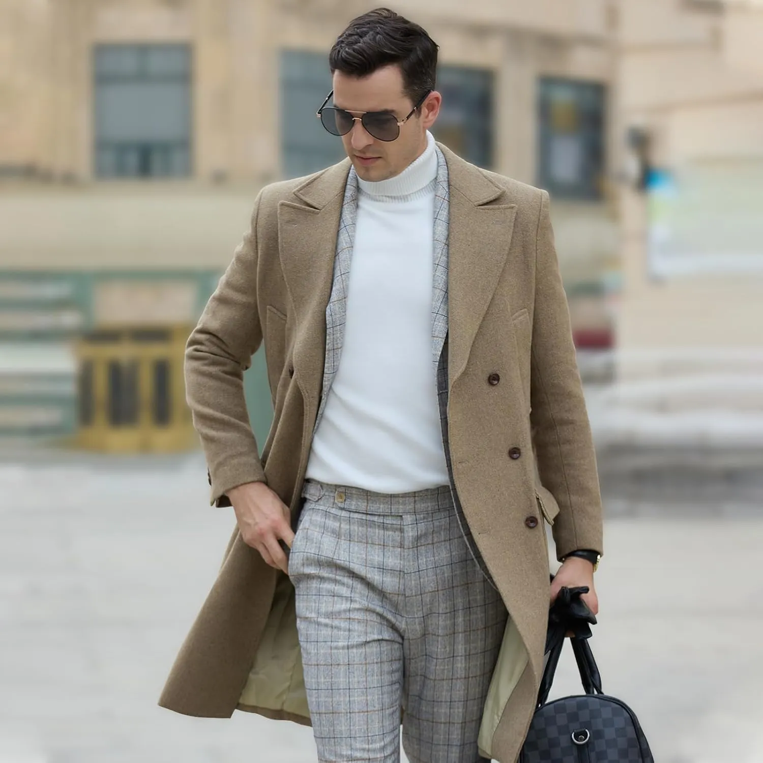 Mens Wool Trench Overcoat Slim Fit Double Breasted Long Jacket Herringbone Wool Blend Pea Coat