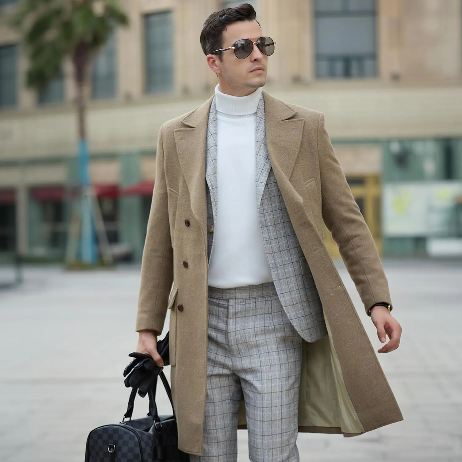 Mens Wool Trench Overcoat Slim Fit Double Breasted Long Jacket Herringbone Wool Blend Pea Coat